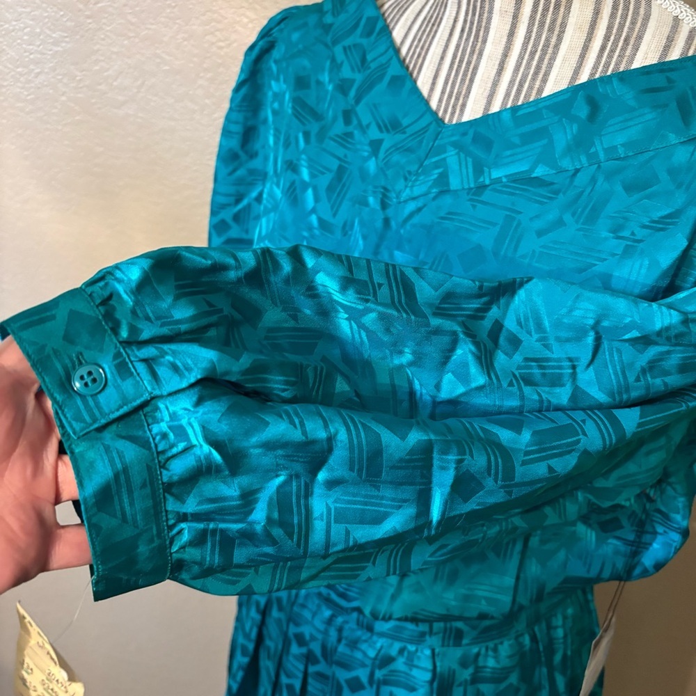 Vintage Maggy London Dress Sz 12 100% Silk Jeannene Booher Jade Green Sheen Geo - Picture 8 of 15